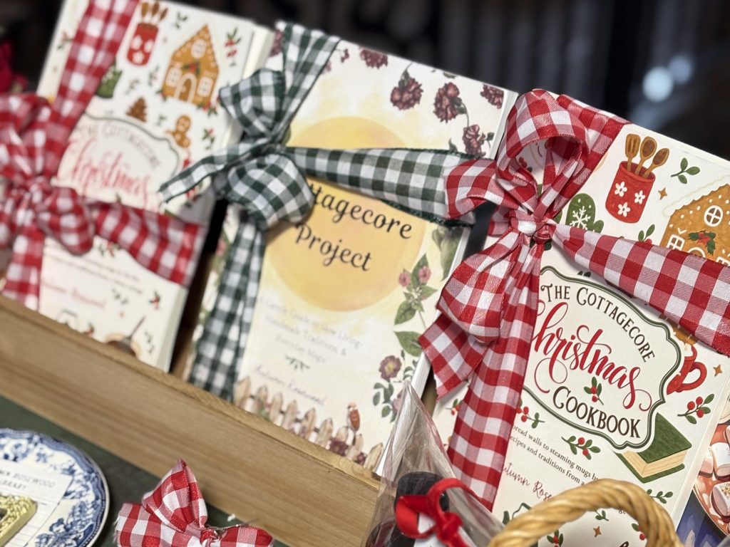 cookbooks on display with gingham bows