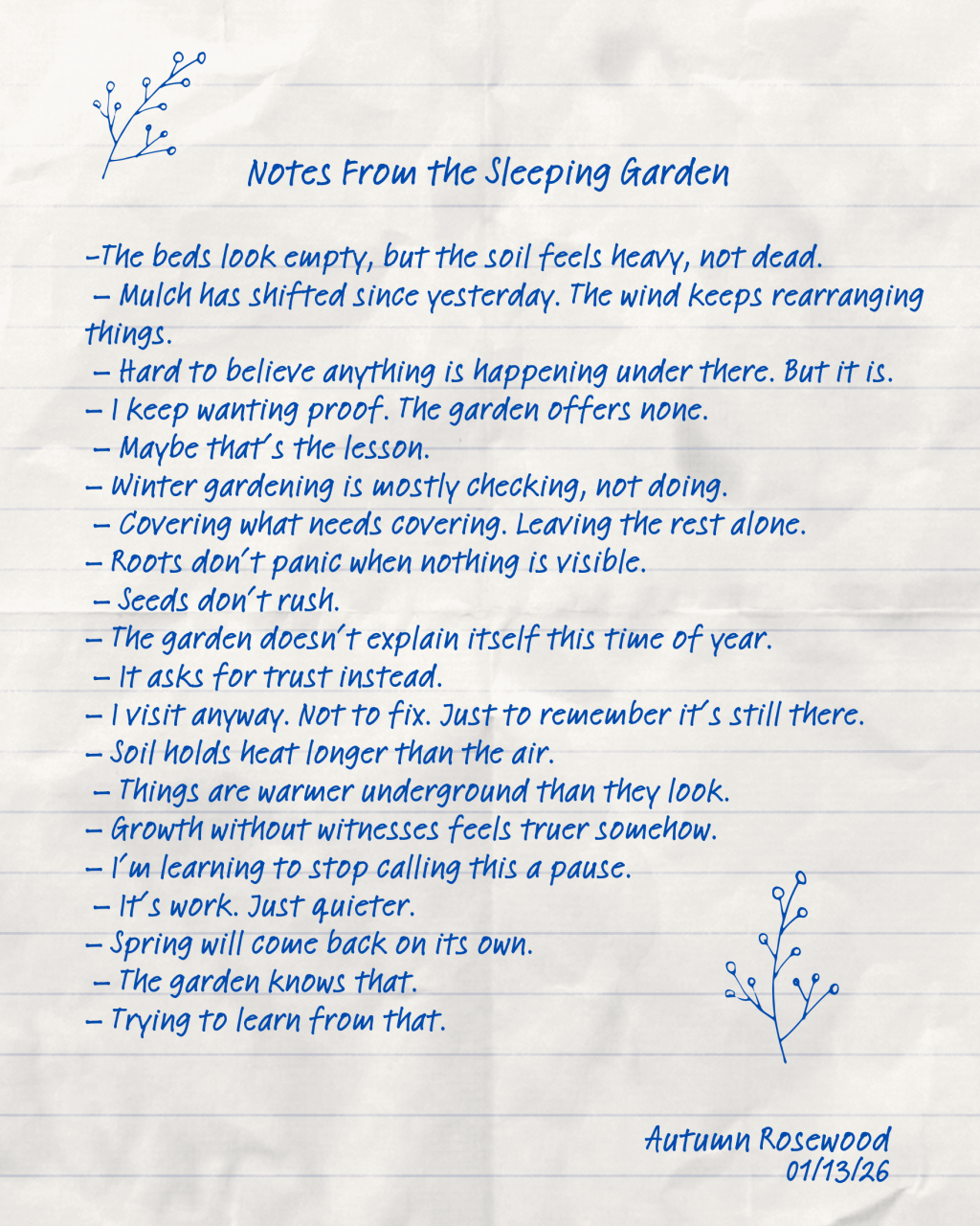 a note piece of paper with writing about a sleeping garden in the winter