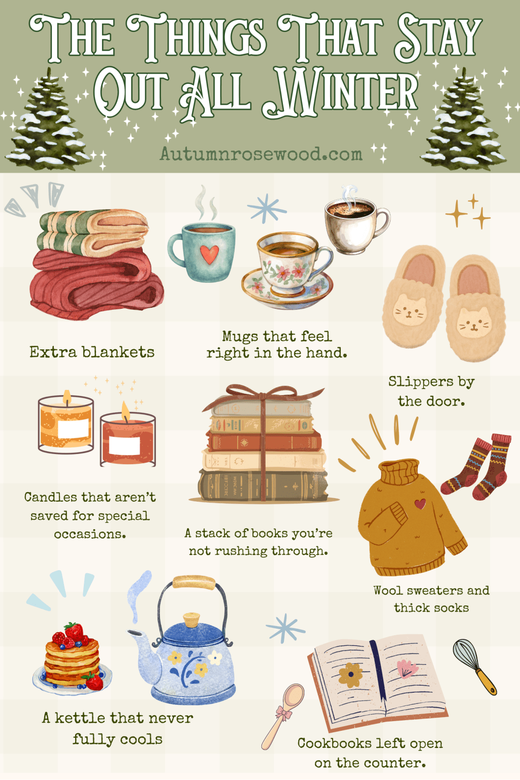 a graphic of things that stay out all winter, blankets, slippers, books, sweaters