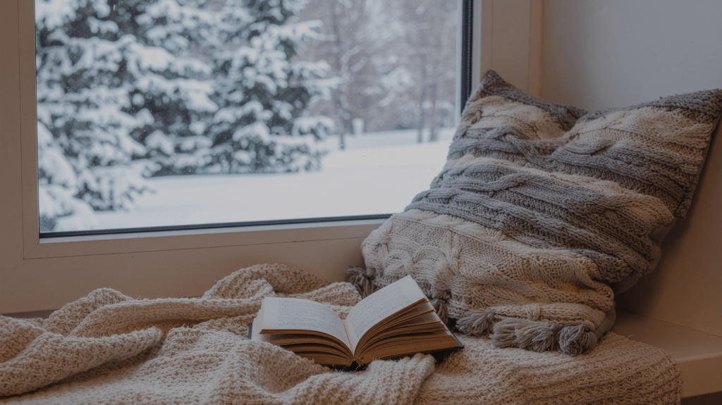 window looking out at winter, a book and a blanket