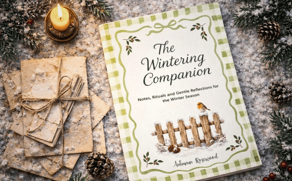 the wintering companion book on a table with a candle and blanket