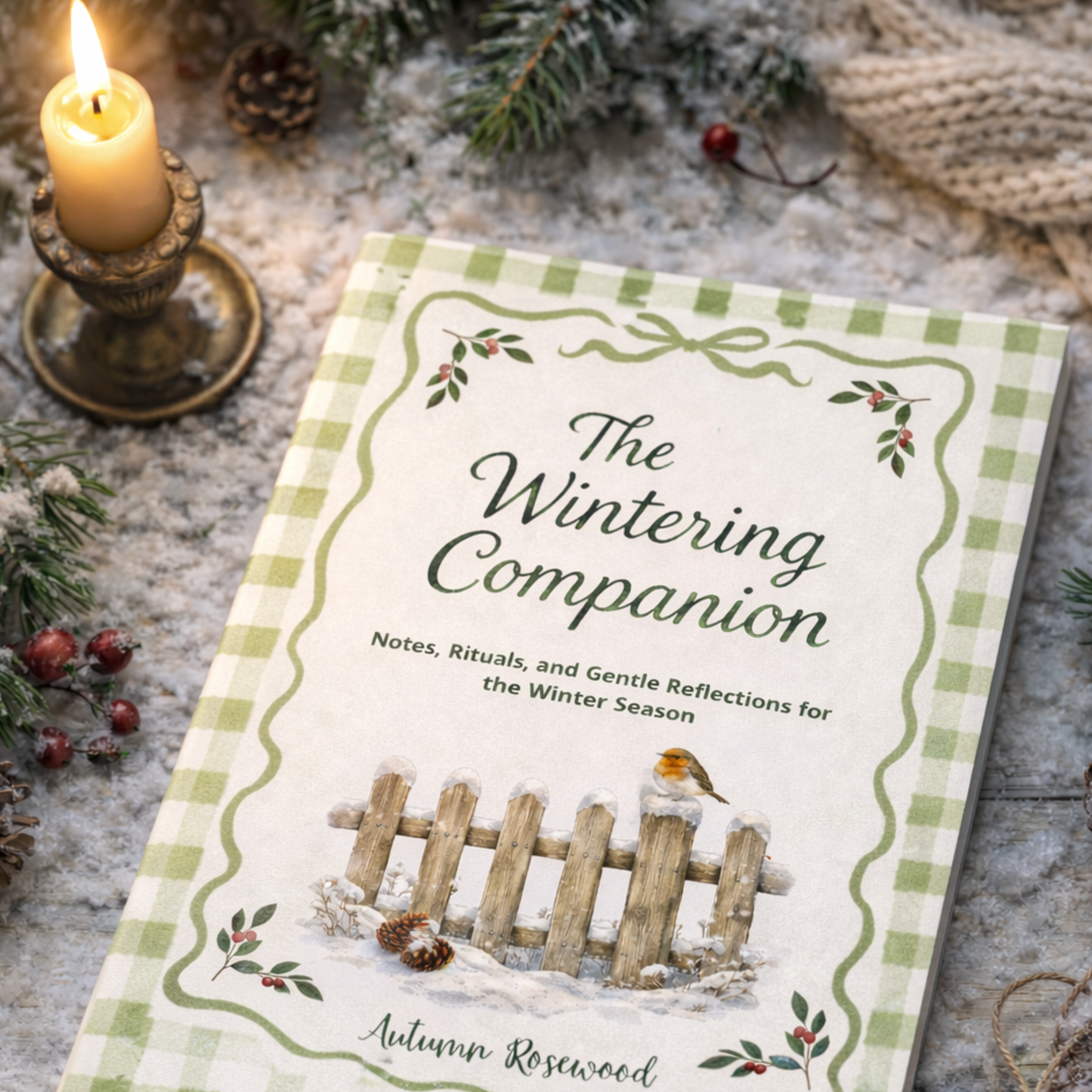the wintering companion book on a table, a candle, snow