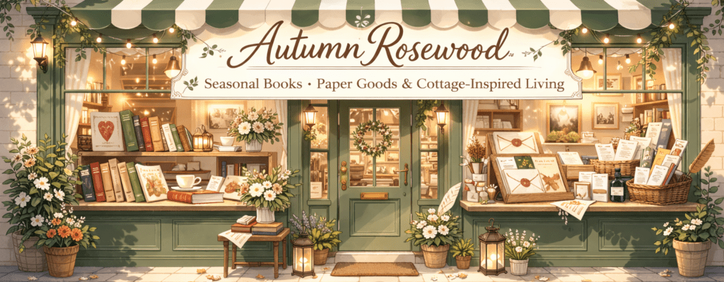 a cottage shop with windows, lights and stationary and books