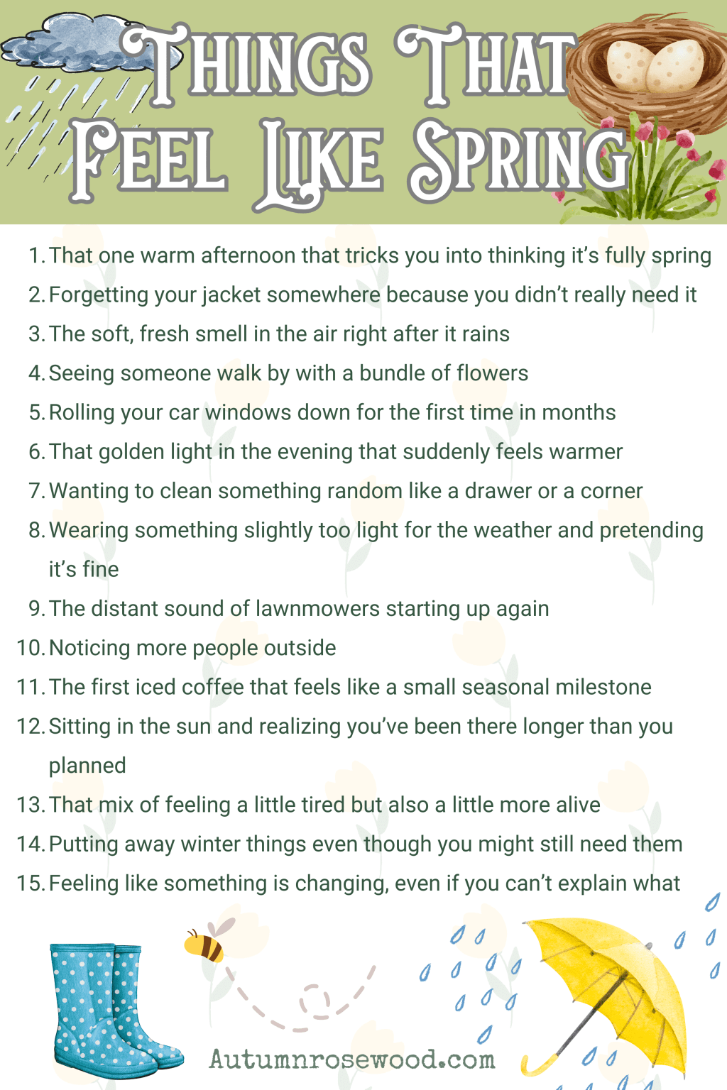 a list of things that feel like spring, an umbrella, rain boots