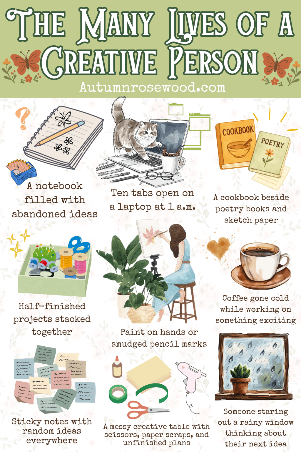 a pinterest graphic showing the many lives of a creative person